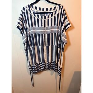 LYSSE NEW YORK Womens L XL Blue White Striped Boat Neck Tunic Top Drawstring Hem